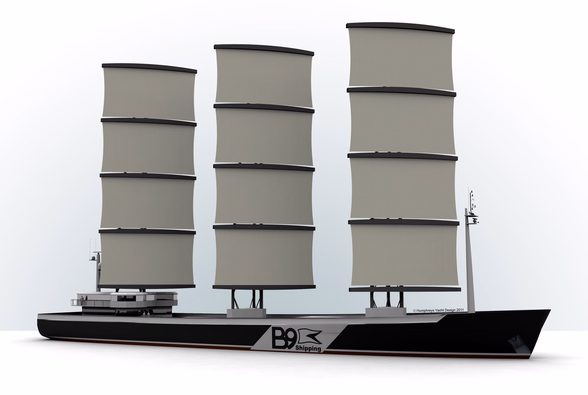 Concept rendering of a B9 cargo ship with three automated square-rigged sail systems