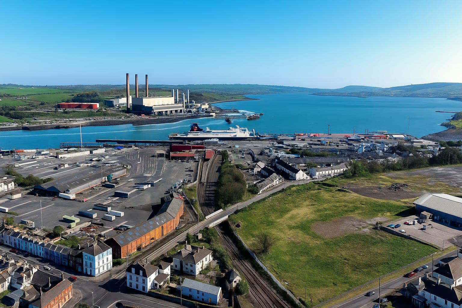 Aerial view of Larne Harbour, with a ferry at the quay and Ballylumford power station across the water