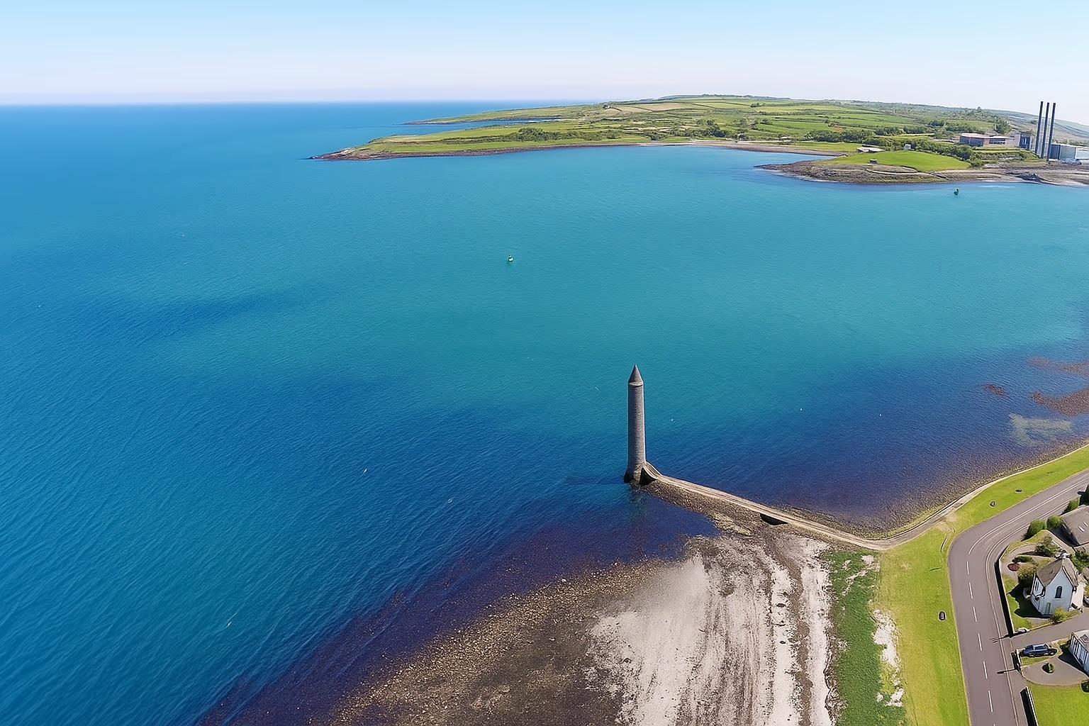 Aerial view of the entrance to Larne Lough, with Ballylumford power station on the far shore