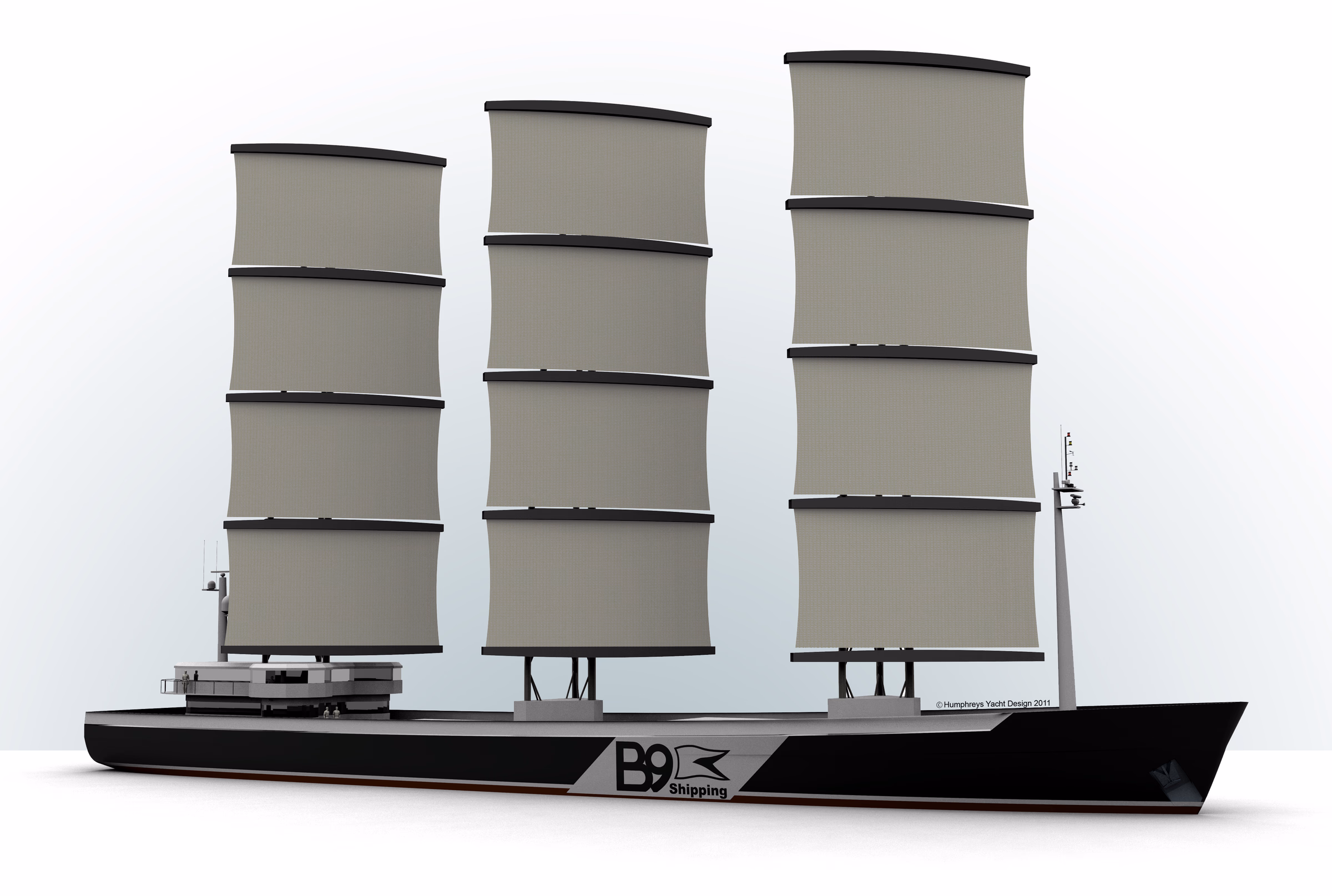 Concept rendering of a B9 cargo ship with three automated square-rigged sail systems