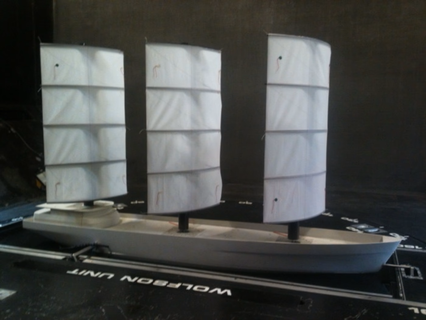 Scale model of a three-masted B9 vessel concept in a wind tunnel at the Wolfson Unit
